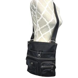 Vintage Y2K Roots Canada Black Pebbled Leather Crossbody Bag Contrast Stitching